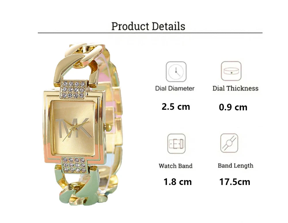 Women's Watch Gold Tone Square Dial, Elegant Alloy Band With Crystal Accents, Summer 2026 Gift