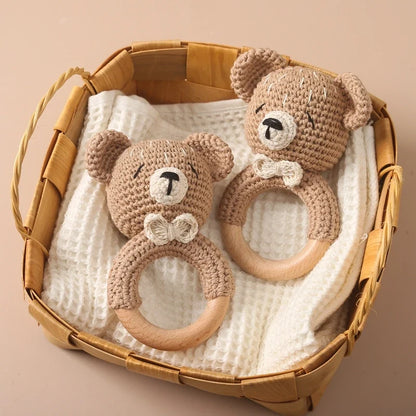 Crochet Bear Teether Rattle Ring Newborn Sensory Toys