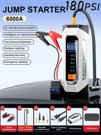 Car Jump Starter Portable Power Bank 12V With Air Compressor 6000A Peak Emergency Start 180 PSI Fall 2025
