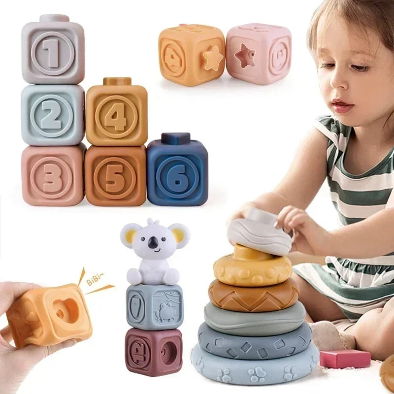 Silicone Montessori Building Blocks for Babies - Stacking and Teething Toys for Early Learning, Safe and Lightweight, Bright Colors