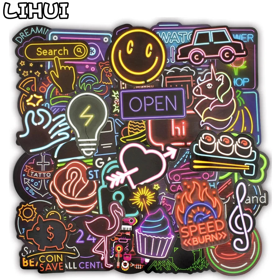 Neon Stickers 50 PCS Waterproof PVC Pack Cute Anime Decal Set Back To School Fall 2025 Kids Personalize Gifts