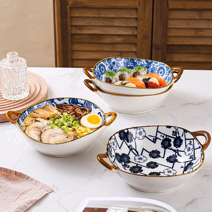 7.5 Inch Japanese Ceramic Noodle Bowl With Handles Blue