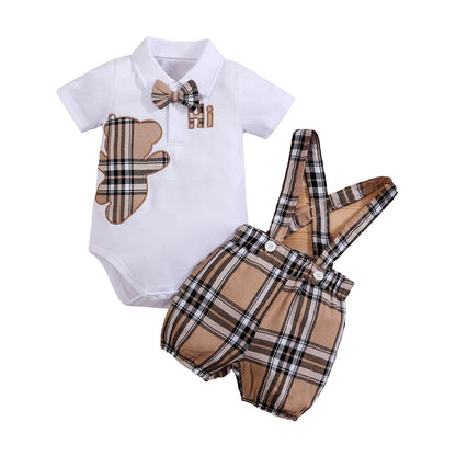 Side view of baby boys plaid bear bodysuit & trousers set