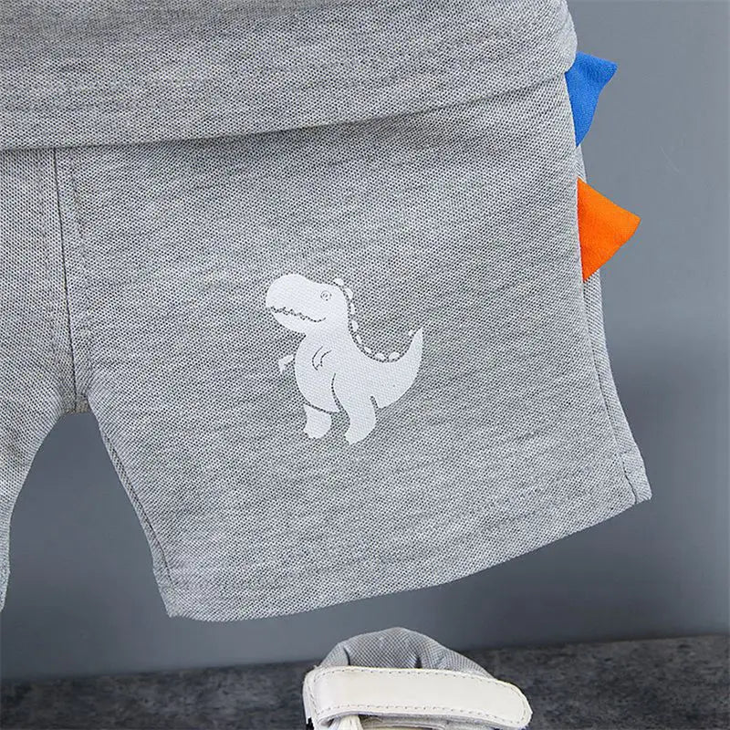 Baby boy wearing a dinosaur print t-shirt and matching shorts