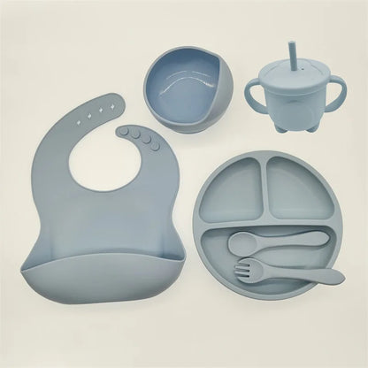 Baby Silicone Tableware Set 8 Piece Suction Bowls Divided Plate Bib Spoon Fork Fall 2025 Self Feeding Aid