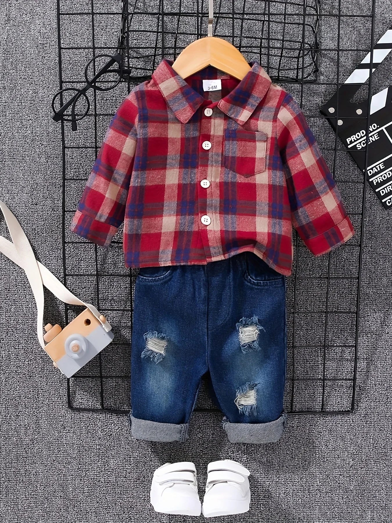 Boys tartan polo shirt and denim long trousers set