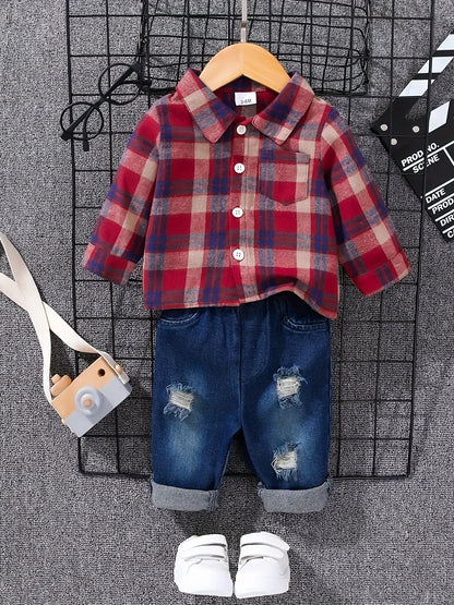Boys tartan polo shirt and denim long trousers set