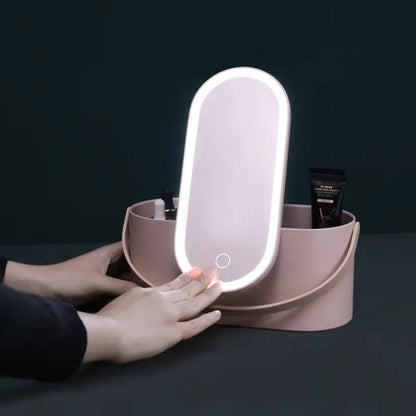 Makeup Organizer Box with LED Light Mirror - Portable Travel Makeup Case for Cosmetics Storage