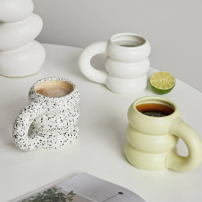 Ceramic Mug Ergonomic Handgrip Sculptural Nordic Coffee Cup Fall 2025, Oversized Handle Cozy Gift