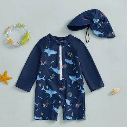 Shark print detail on boys long-sleeve zip-up rash guard