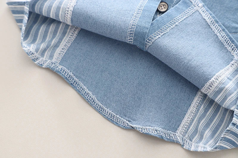 Close up look at the boys striped shirt and denim shorts set - view 10