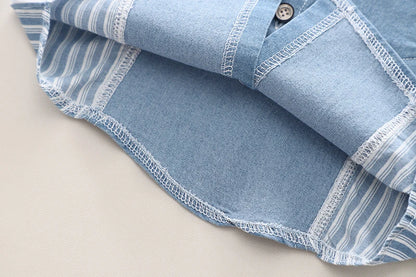 Close up look at the boys striped shirt and denim shorts set - view 10