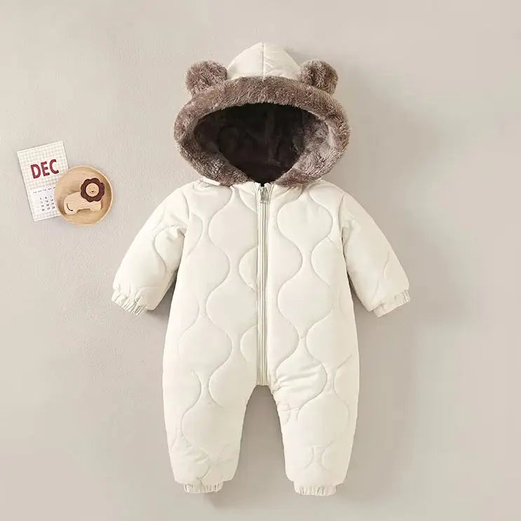 Baby solid colour hooded fleece warm cotton winter onesie