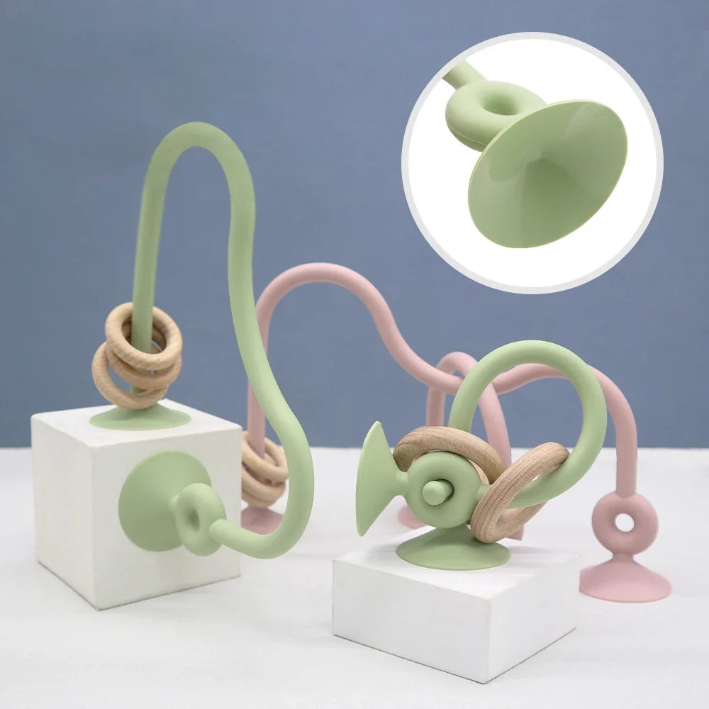 Soft Silicone Teether Toy with Wooden Ring, Safe Teething Ring for Infants, Ideal for Teething Relief and Sensory Exploration