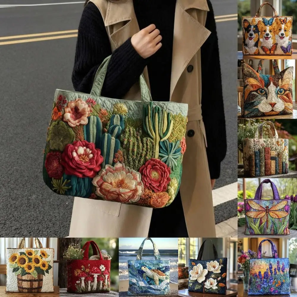 Durable Timeless Women's Tote Bag – Quilted, 3D Floral Embroidery, Cotton, Everyday Use