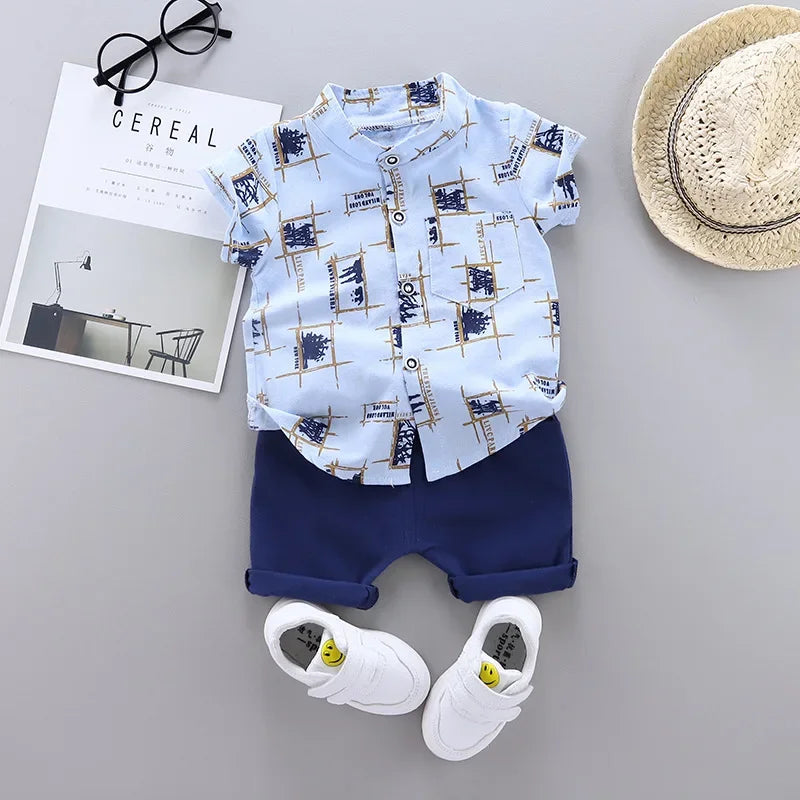 Styling option and alternate perspective of the baby boys casual summer top and shorts set