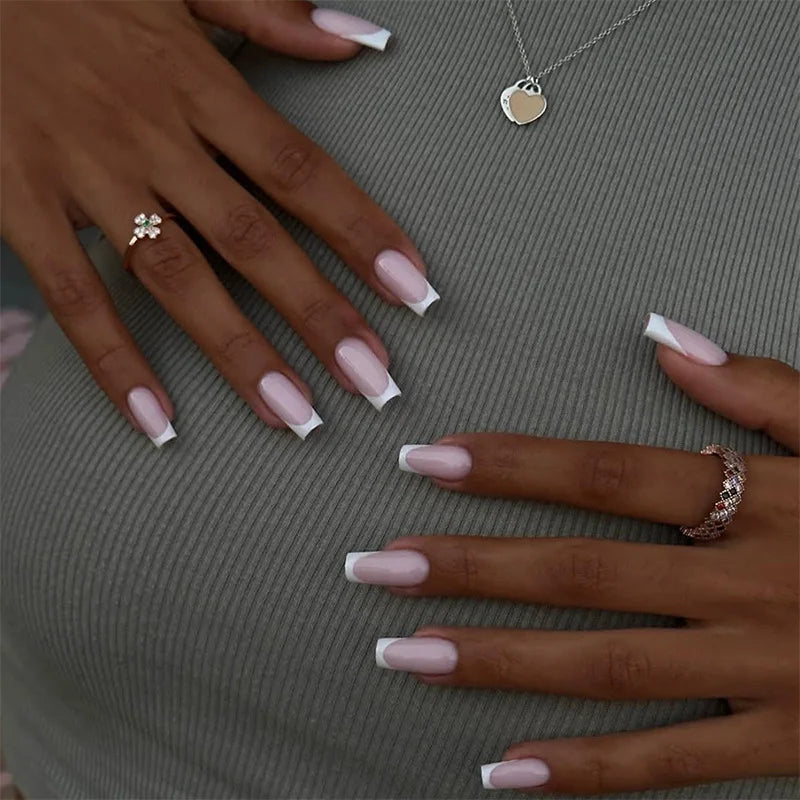 Press On Nails Short Square White Minimalist False Nail Tips Set Spring 2026 Reusable