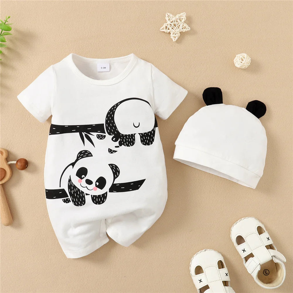 Different colour variation or layout view of the baby boys panda bear short sleeve romper and hat set