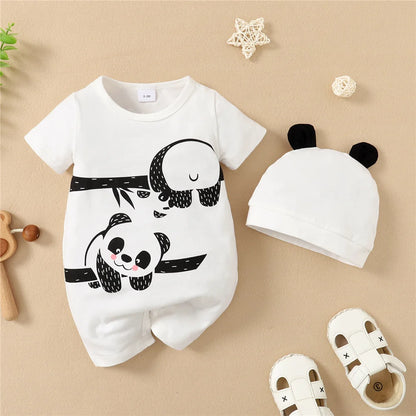 Different colour variation or layout view of the baby boys panda bear short sleeve romper and hat set