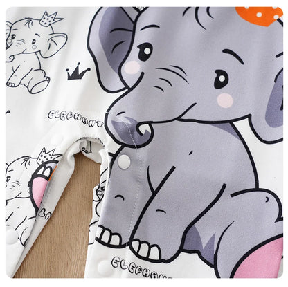 Baby boy wearing a long-sleeve romper with an elephant print and faux braces
