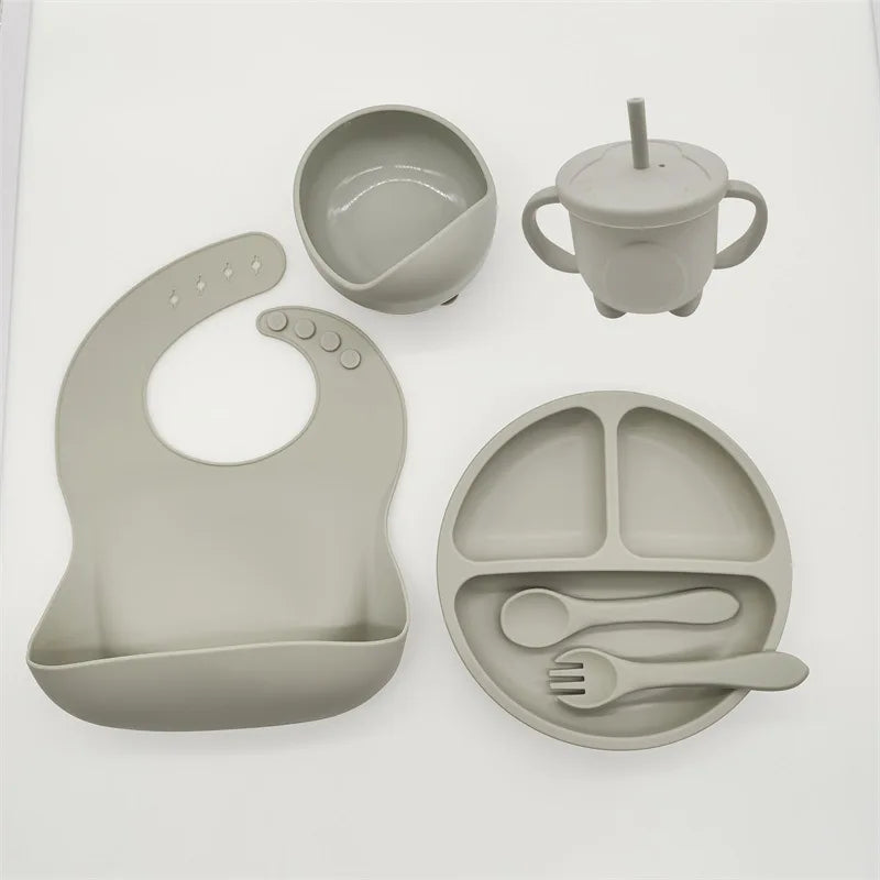 Baby Silicone Tableware Set 8 Piece Suction Bowls Divided Plate Bib Spoon Fork Fall 2025 Self Feeding Aid