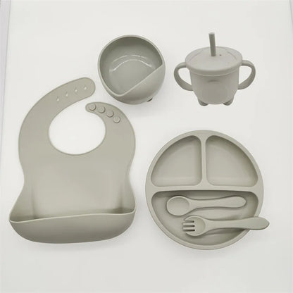 Baby Silicone Tableware Set 8 Piece Suction Bowls Divided Plate Bib Spoon Fork Fall 2025 Self Feeding Aid