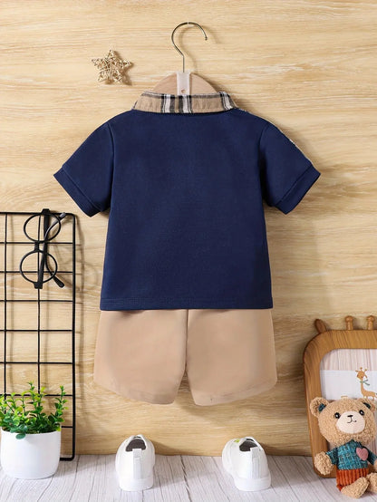 Side view of baby boys plaid collared summer outfit
