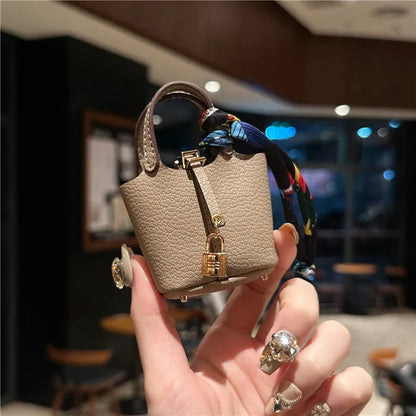 Birkin Inspired Mini Hand Bag - Leather Basket Bag Charm Keychain & Earphone Case