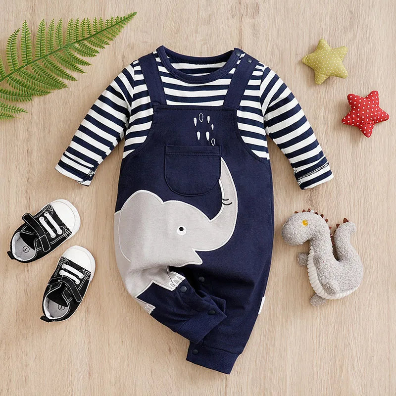 Long sleeve cotton romper with striped pattern and elephant print