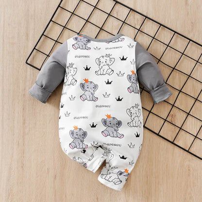 Baby boy wearing a long-sleeve romper with an elephant print and faux braces