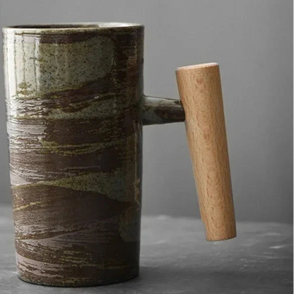 Japanese Style Stoneware Coffee Cup - Handmade Mug with Wooden Handle for Couples