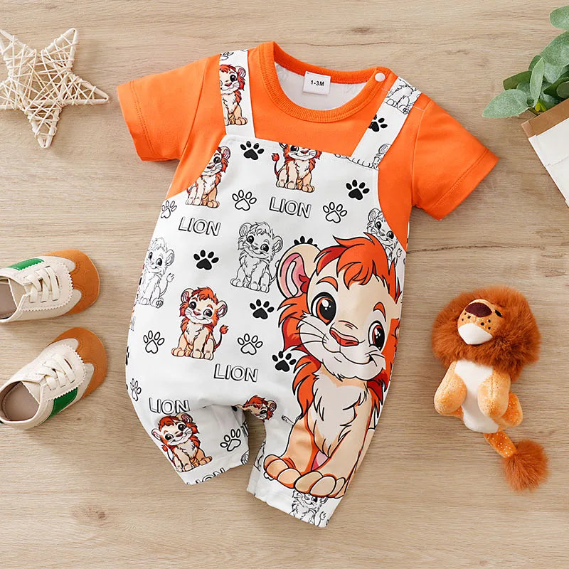 Baby wearing a short-sleeve romper with a lion print and faux two-piece design