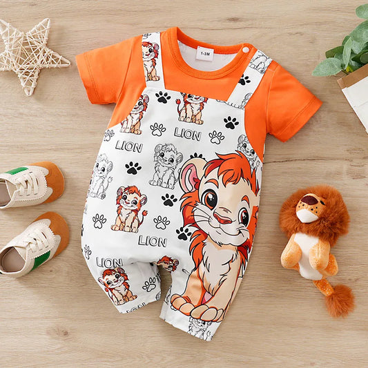 Baby wearing a short-sleeve romper with a lion print and faux two-piece design