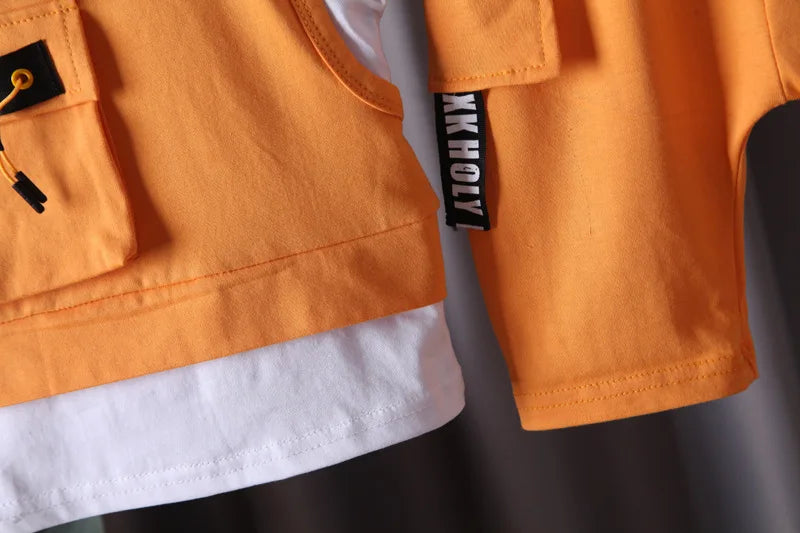Fabric and texture detail of boys summer casual t-shirt & shorts set