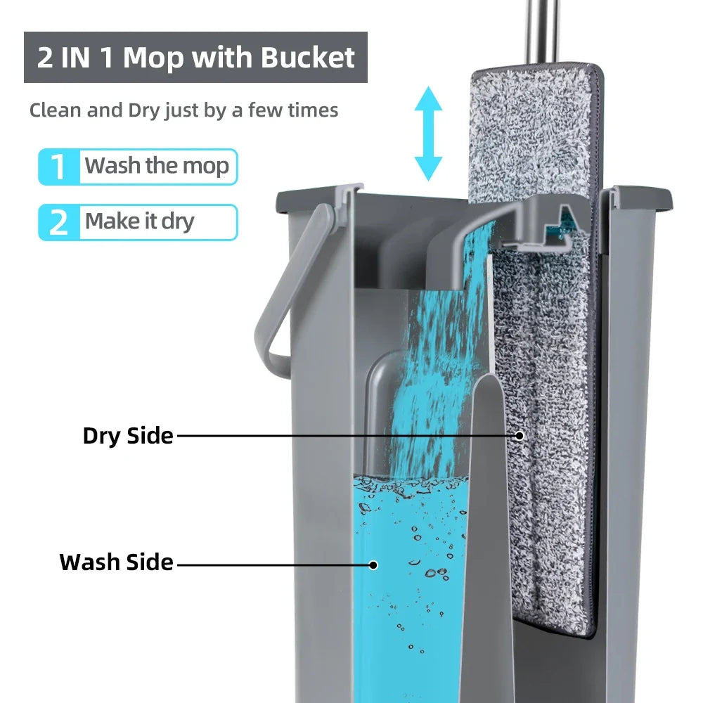 Household Cleaning Hand-Free Flat Floor Mop & Bucket Set with Washable Microfiber 4x Pads