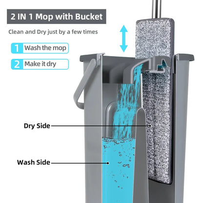 Household Cleaning Hand-Free Flat Floor Mop & Bucket Set with Washable Microfiber 4x Pads