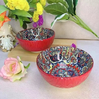 Bohemian Ceramic Bowls Set Floral Serving Bowls Versatile