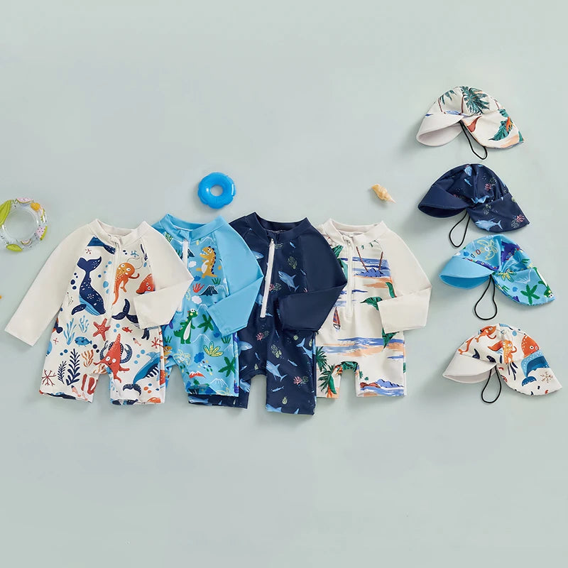 Close-up material detail of boys shark print long sleeve rash guard swimwear set