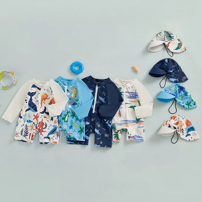 Close-up material detail of boys shark print long sleeve rash guard swimwear set