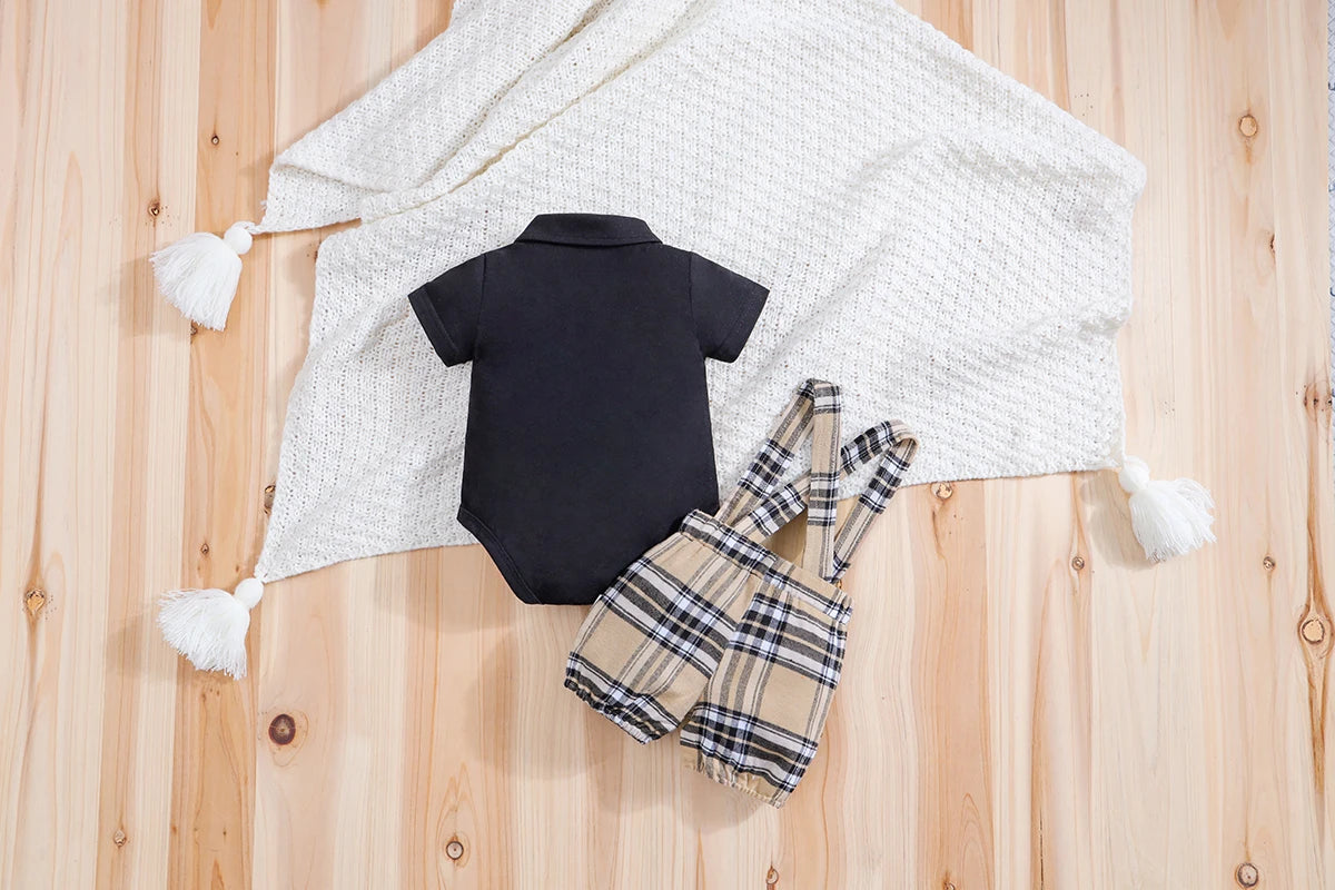 Fabric and texture detail of baby boys plaid bear bodysuit & trousers set