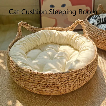 Cat Bed Natural Woven Nest With Seasonal Heating Pad And Washable Insert, Fall 2025 Cozy All Season Retreat