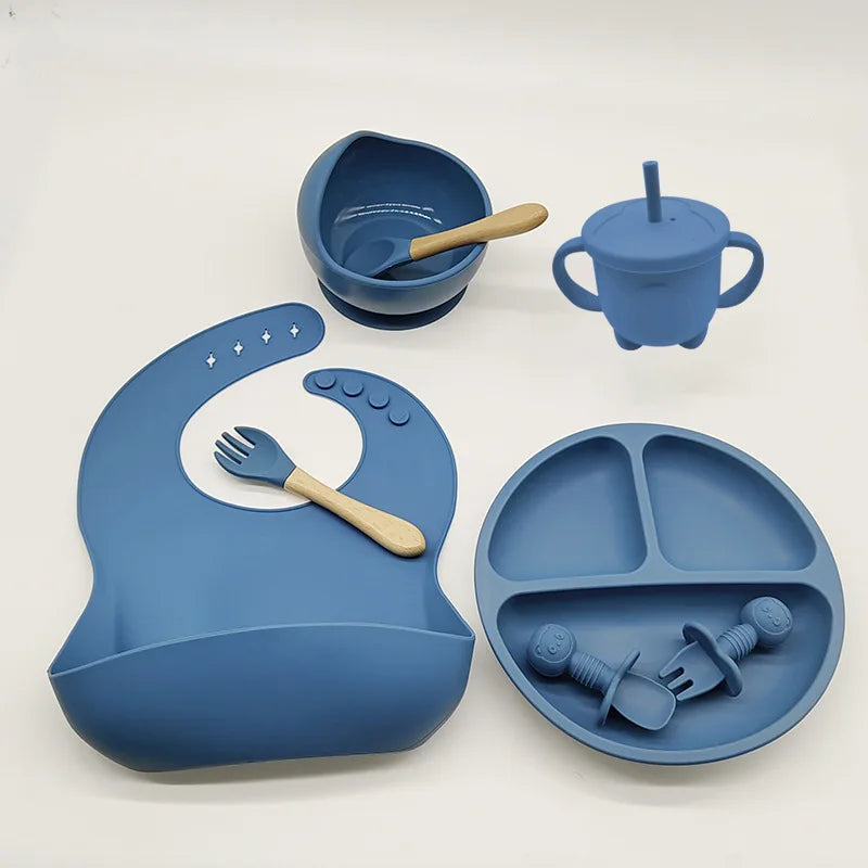 Baby Silicone Tableware Set 8 Piece Suction Bowls Divided Plate Bib Spoon Fork Fall 2025 Self Feeding Aid