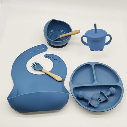Baby Silicone Tableware Set 8 Piece Suction Bowls Divided Plate Bib Spoon Fork Fall 2025 Self Feeding Aid