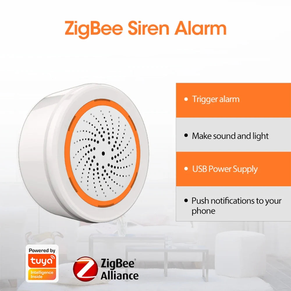 Tuya Zigbee Smart Siren Alarm with Strobe Alerts USB Power Supply for Home Security
