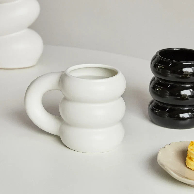 Ceramic Mug Ergonomic Handgrip Sculptural Nordic Coffee Cup Fall 2025, Oversized Handle Cozy Gift