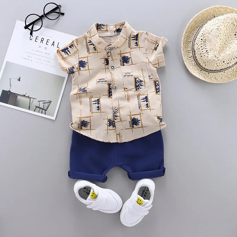 Back or secondary profile shot of the baby boys casual summer top and shorts set