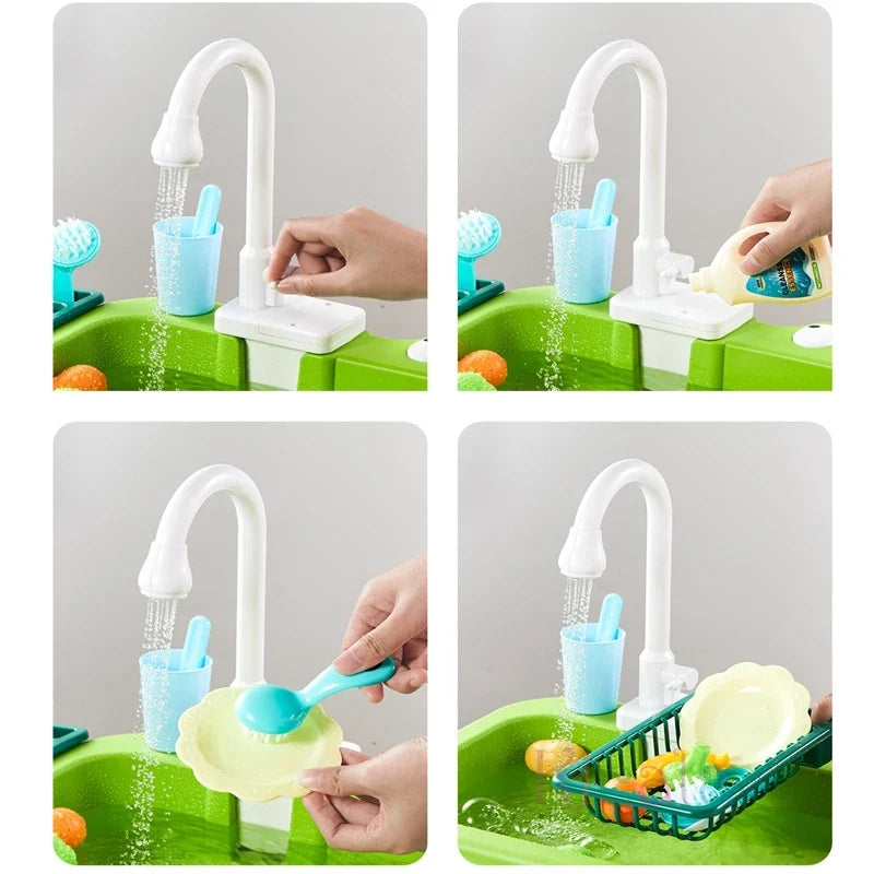 Kids Electric Kitchen Sink Toy with Running Water, Play Utensils, and Food Items for Pretend Cooking Fun