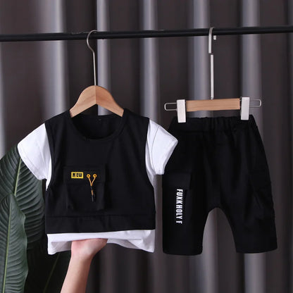 Back view of boys summer casual t-shirt & shorts set
