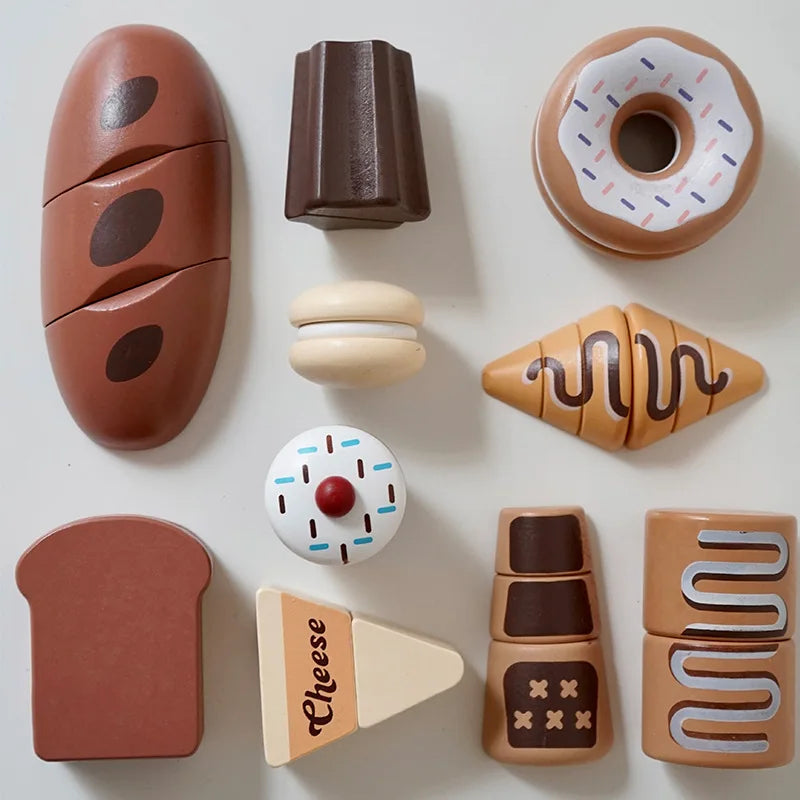 Wooden Kids Kitchen Playset with Cutting Food Accessories - Fruits, Vegetables & Bakery Toys