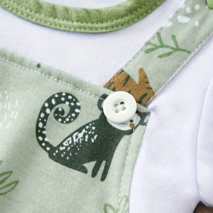 Close up highlighting the hem and stitching on the baby boys zoo animal print short sleeve romper